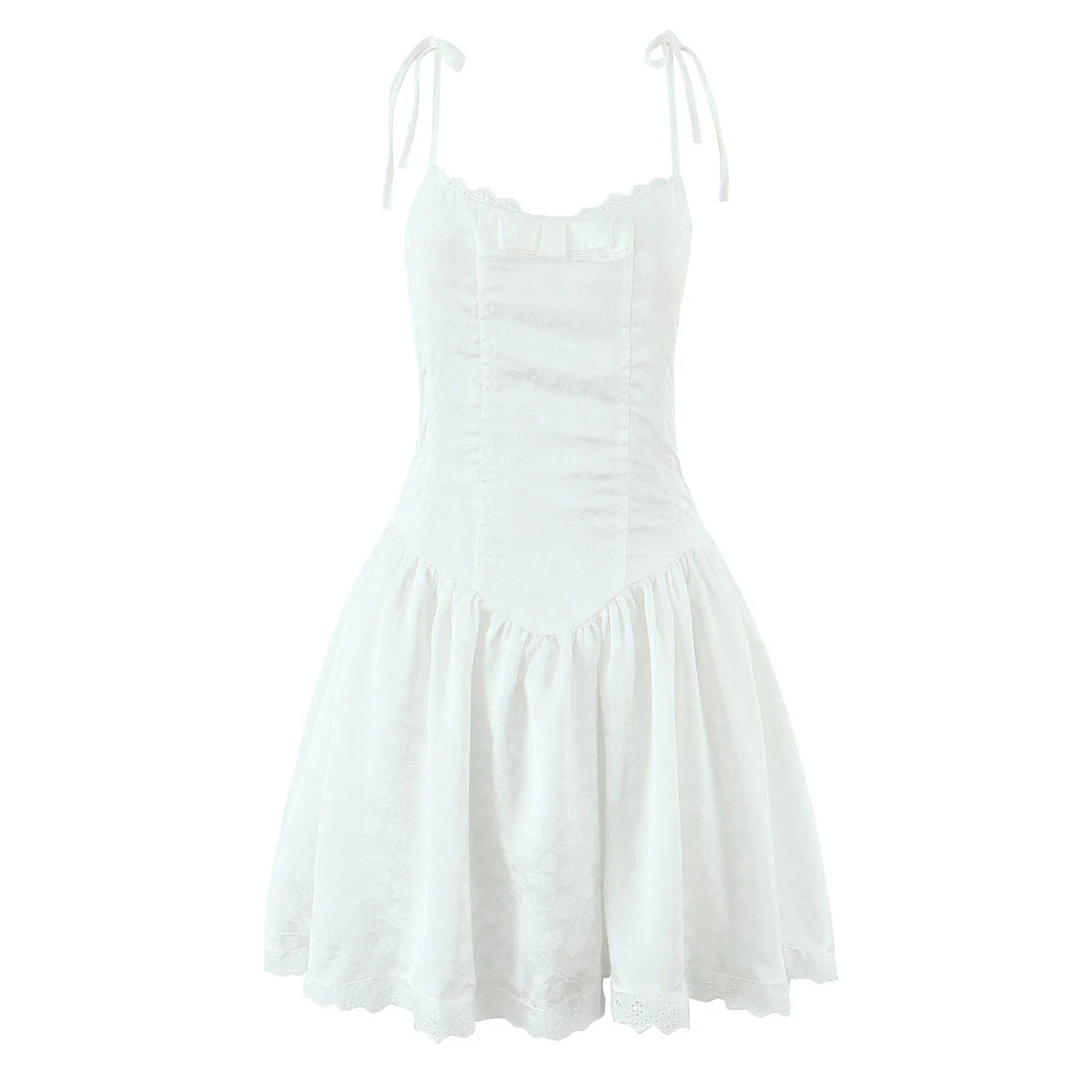 Women Sexy Pink White Jacquard Floral Bow Lacing Up Sling Dress Low Waist Spliced Lace Ball Gown Mini Dresses Party Robe