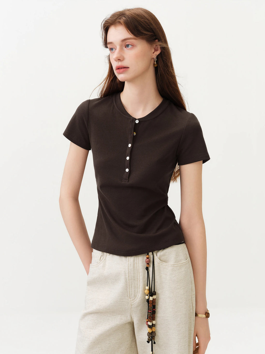 FSLE New Summer Women's Fitted Short Sleeve White T-Shirt with Buttons Soft Cotton Lyocell Office Commute Daily Versatile Top