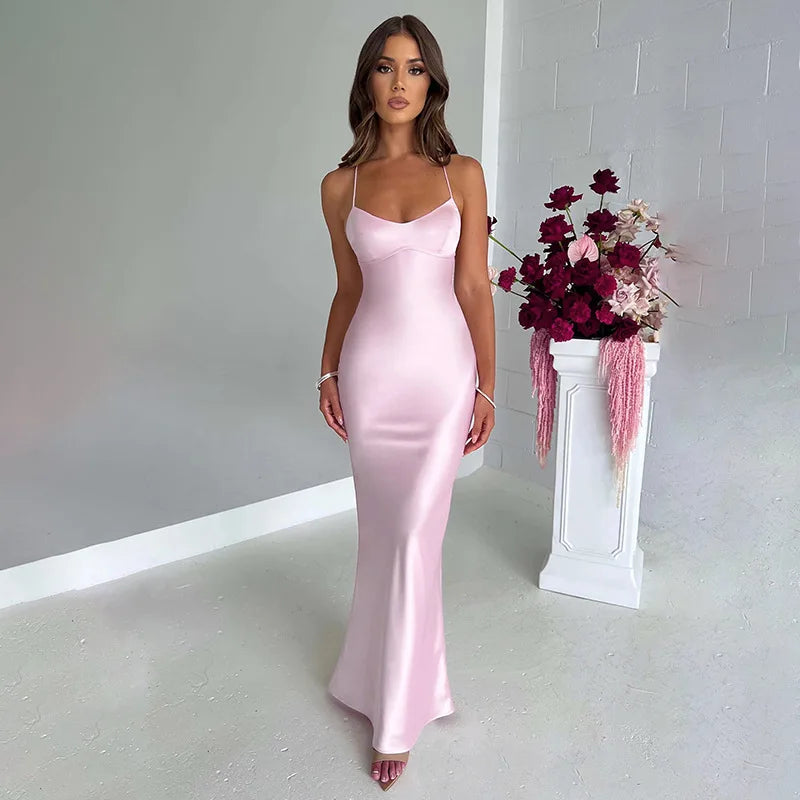 New Fashion Backless Women's Evening Dresses Slash Neck Spaghetti Strap Satin Dress Spring and Summer High Waist Slim Lady Dress