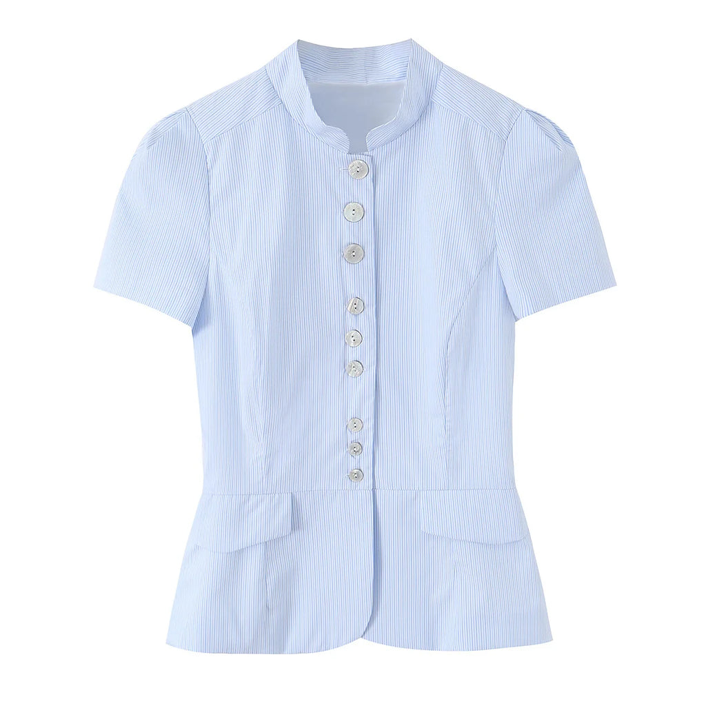 TFMLN Women's Striped Shirt Chic Short Sleeve High Street Commuting Style Slim Fit Fashion Ladies Short Sleeve Tops Summer New
