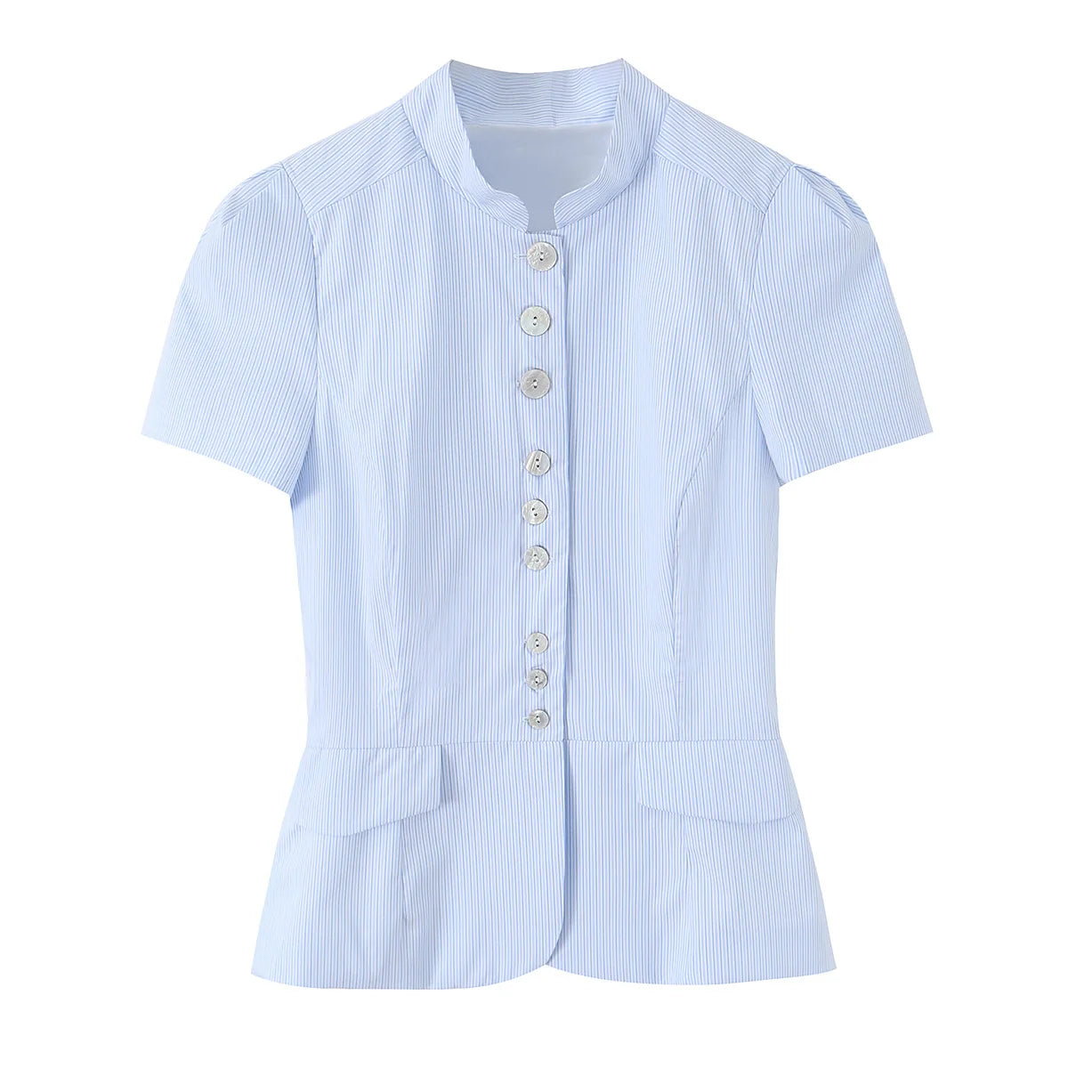 TFMLN Women's Striped Shirt Chic Short Sleeve High Street Commuting Style Slim Fit Fashion Ladies Short Sleeve Tops Summer New