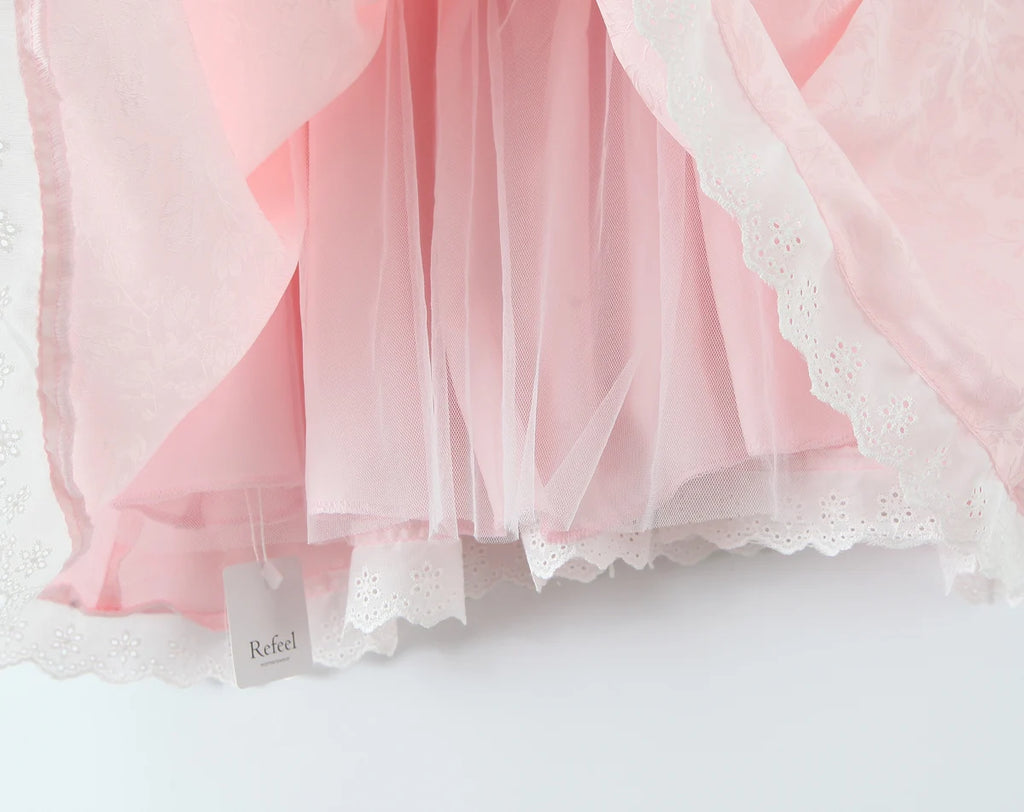 Women Sexy Pink White Jacquard Floral Bow Lacing Up Sling Dress Low Waist Spliced Lace Ball Gown Mini Dresses Party Robe