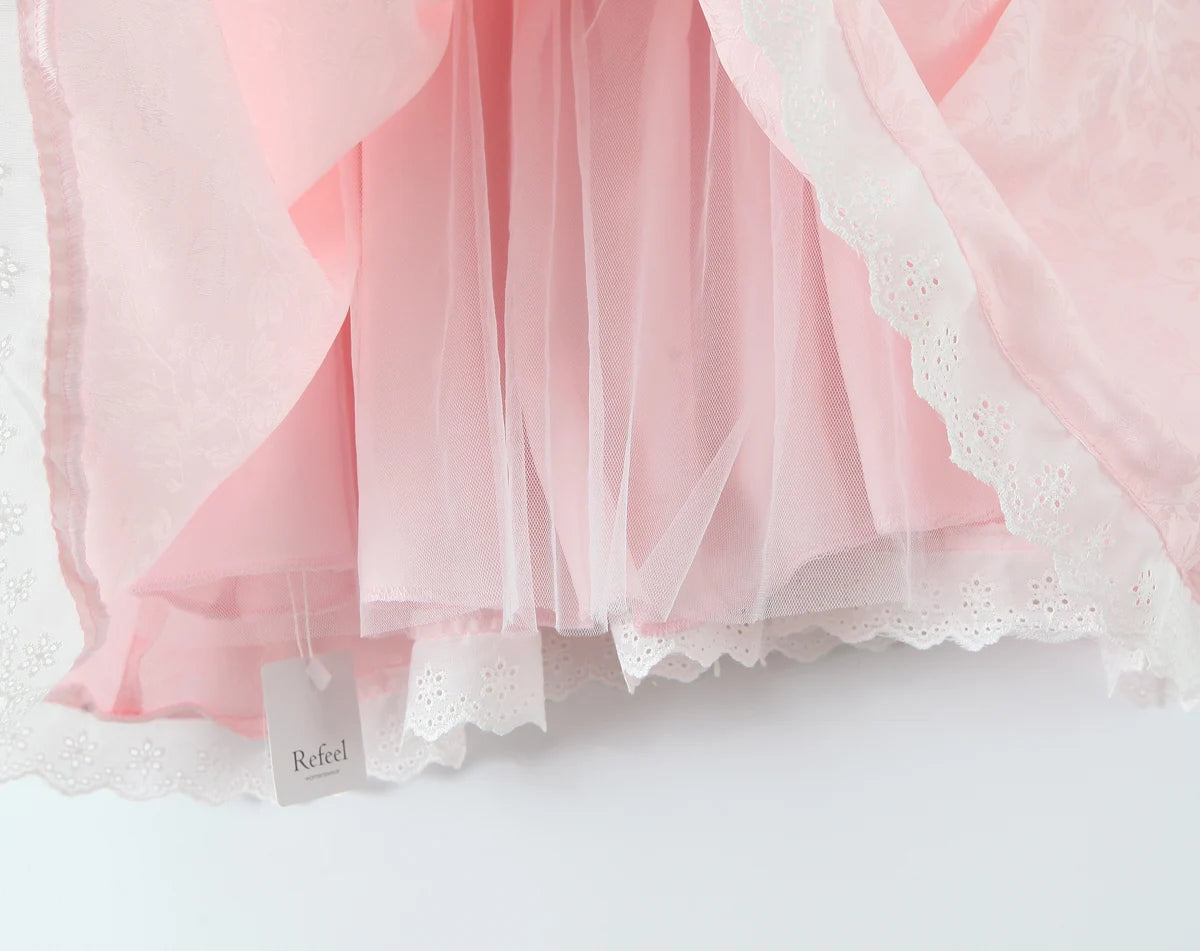 Women Sexy Pink White Jacquard Floral Bow Lacing Up Sling Dress Low Waist Spliced Lace Ball Gown Mini Dresses Party Robe