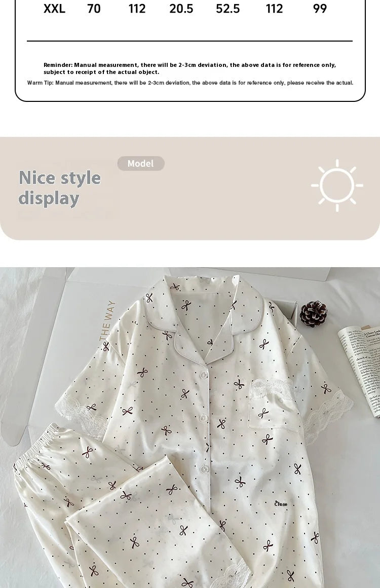 New Korean-Style Elegant Young Ladies' Pyjamas Summer New Arrival Short-Sleeved Polka Dot Bow Ice Silk Pyjama Set Homewear Set