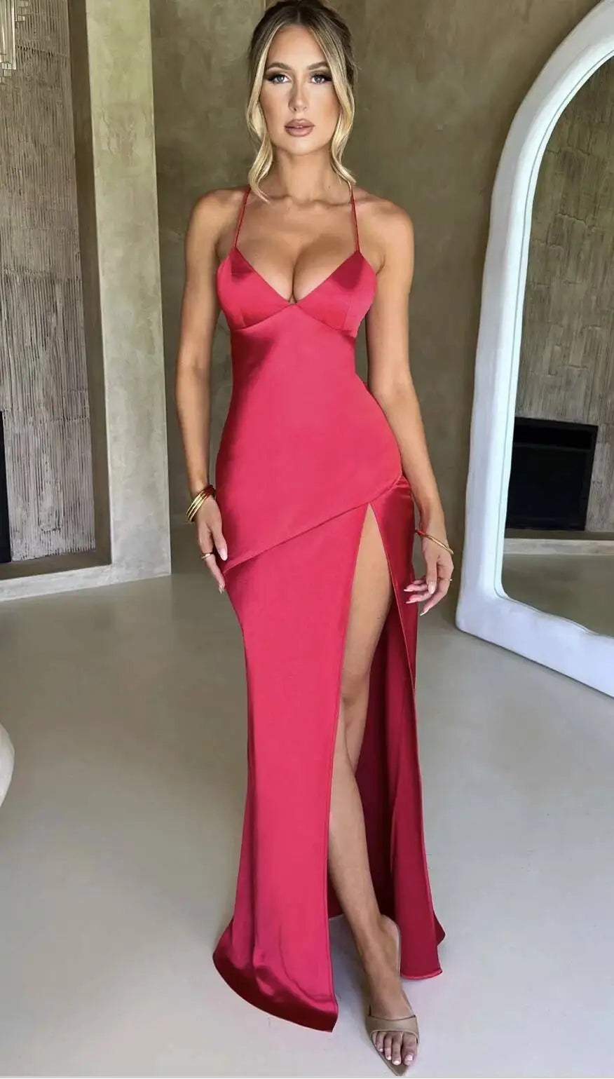 Giyu Sexy Satin Evening Night Club Party Dresses Women Summer Maxi Long Dress Backless Sleeveless Split Bodycon Gown Vestidos
