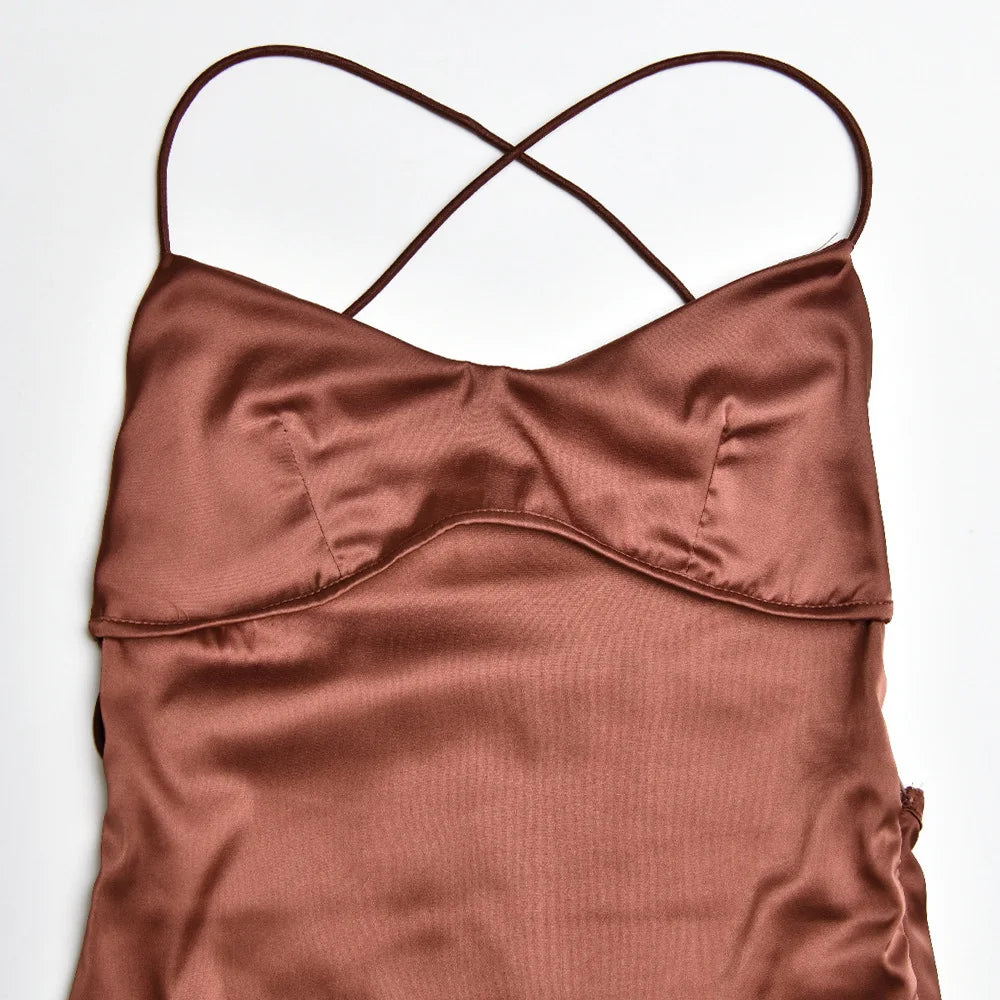New Fashion Backless Women's Evening Dresses Slash Neck Spaghetti Strap Satin Dress Spring and Summer High Waist Slim Lady Dress
