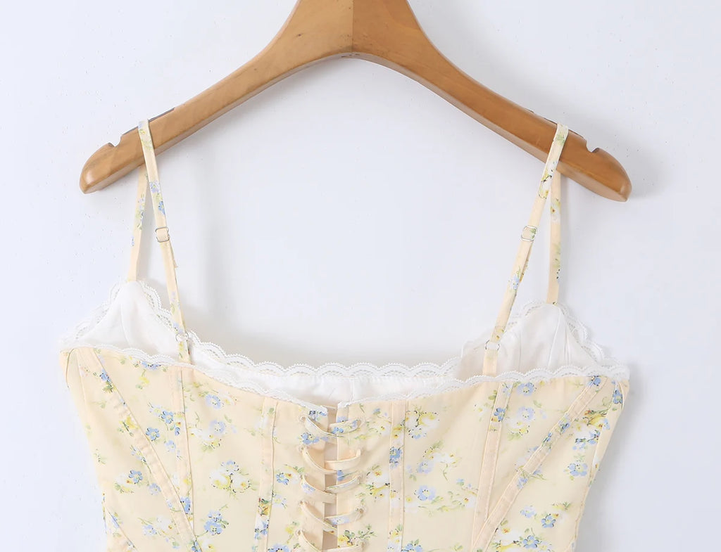 Summer Sexy Corset Yellow Floral Print Tie Bow Strap Camis Women Cross Lacing Up Bandage Bow Back Tank Top Slim Fit Vest Tee