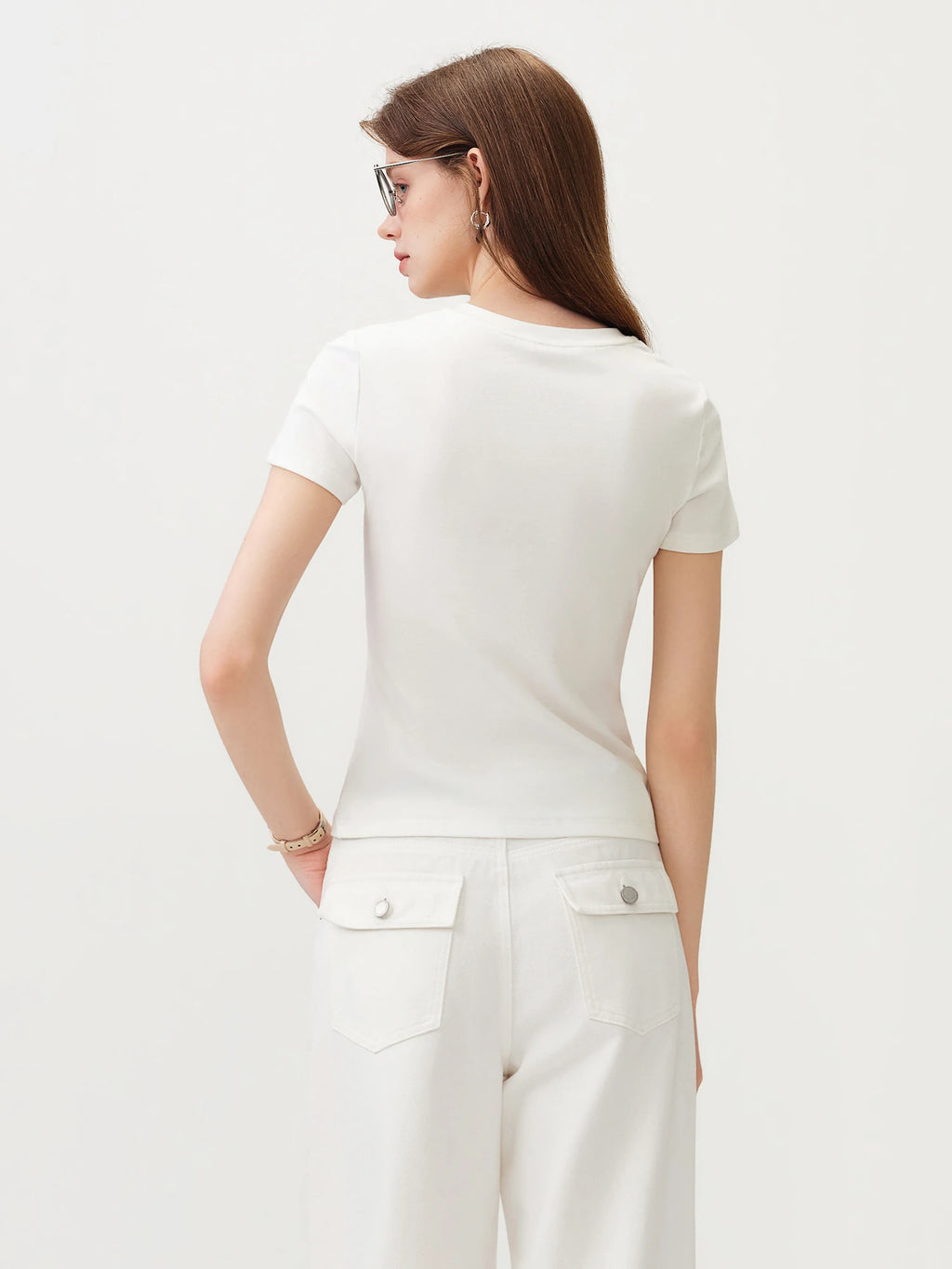 FSLE New Summer Women's Fitted Short Sleeve White T-Shirt with Buttons Soft Cotton Lyocell Office Commute Daily Versatile Top