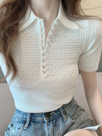 Slim Fit Ice Silk Knitted Short Sleeve  Shirt Women's Base Layer Top Korean Style Commute Fashion Summer T-Shirt
