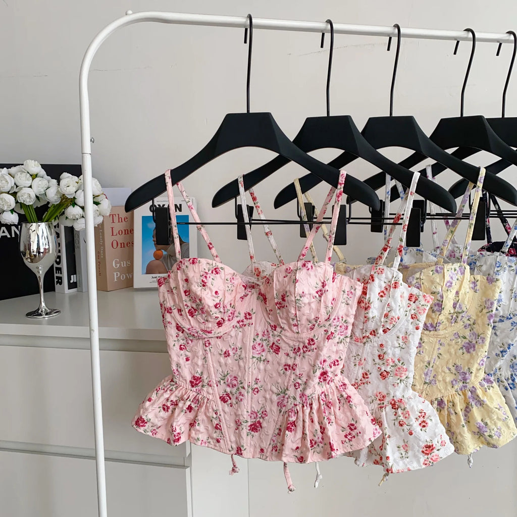 Sweet Spicy Floral Print Crop Top Women's Summer Pure Desire Versatile Bell Bottom Sleeveless Vest Belted Waist Halter Neck
