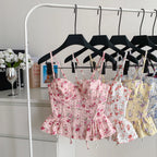 Sweet Spicy Floral Print Crop Top Women's Summer Pure Desire Versatile Bell Bottom Sleeveless Vest Belted Waist Halter Neck