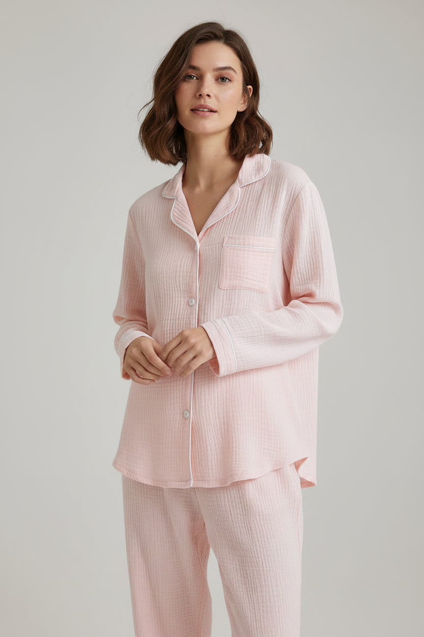 Cotton Lapel Pajama Set for Women Thin Plus Size 3xl Long Sleeved Long Pants Home Wear Clothes Solid Color Conjunto Femenino