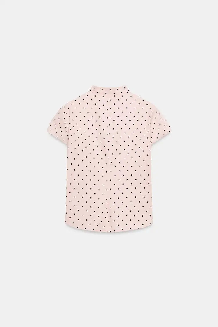 Summer New Women's Casual Style Short Sleeve Zhongshan Collar Polka Dot Slit Top Skin-friendly Breathable Polyester Fiber