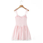 Women Sexy Pink White Jacquard Floral Bow Lacing Up Sling Dress Low Waist Spliced Lace Ball Gown Mini Dresses Party Robe