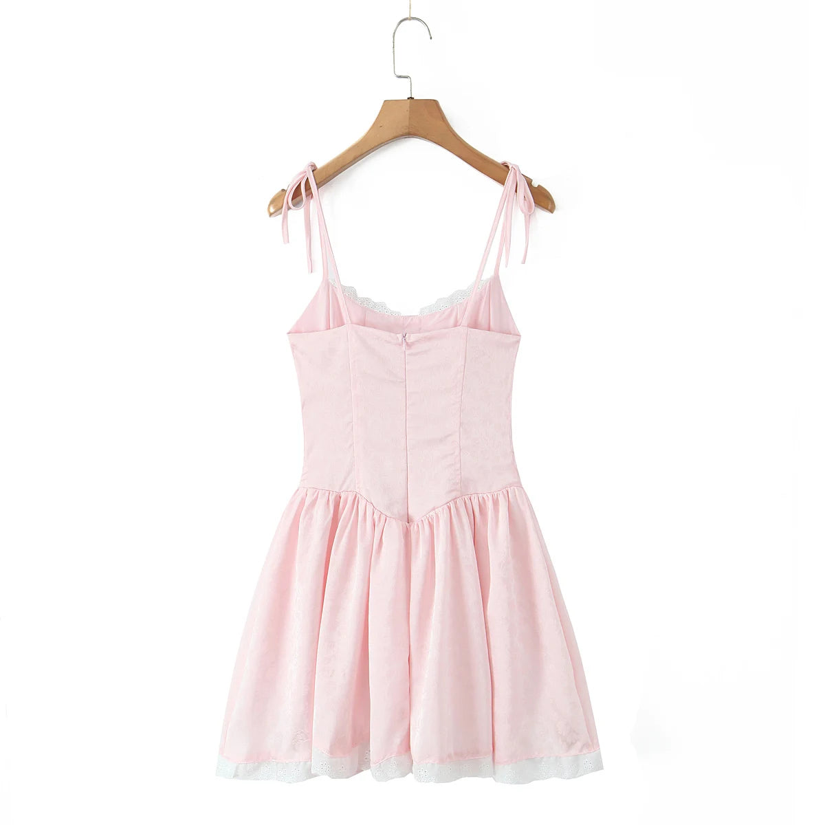 Women Sexy Pink White Jacquard Floral Bow Lacing Up Sling Dress Low Waist Spliced Lace Ball Gown Mini Dresses Party Robe