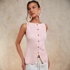 Gold Single-Button Sleeveless Knitted Vest Top Cross-Border Style Elegant Commute Fashion for Women in 2026 Spring Season