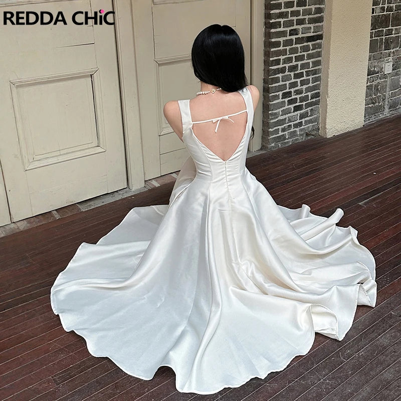 ReddaChic Backless Bow Long Women Dress Elegant Simple Square Neck Ruffle Tank Party Gown Wedding Guest Cutecore Summer Clothes