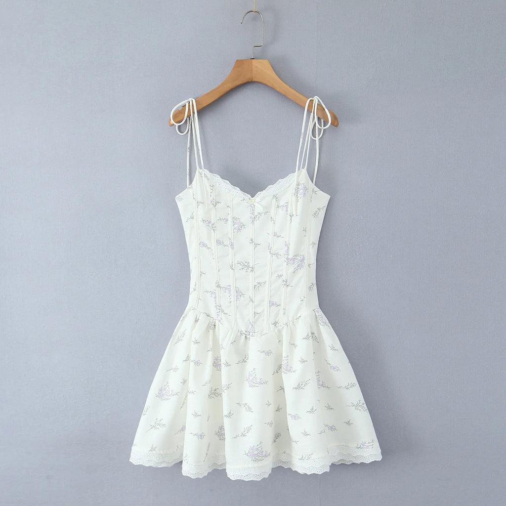 Sweet Girl Lace Spliced Floral Print Sexy Spaghetti Straps Dress Women V Neck Low Waist A-line Mini Summer Dresses Party Vestido