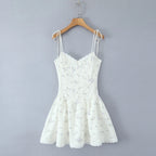 Sweet Girl Lace Spliced Floral Print Sexy Spaghetti Straps Dress Women V Neck Low Waist A-line Mini Summer Dresses Party Vestido