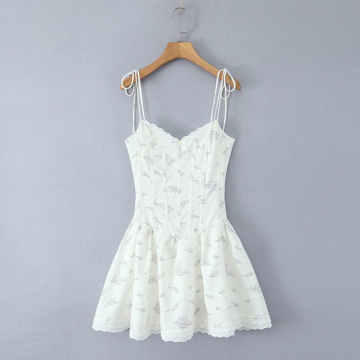 Sweet Girl Lace Spliced Floral Print Sexy Spaghetti Straps Dress Women V Neck Low Waist A-line Mini Summer Dresses Party Vestido