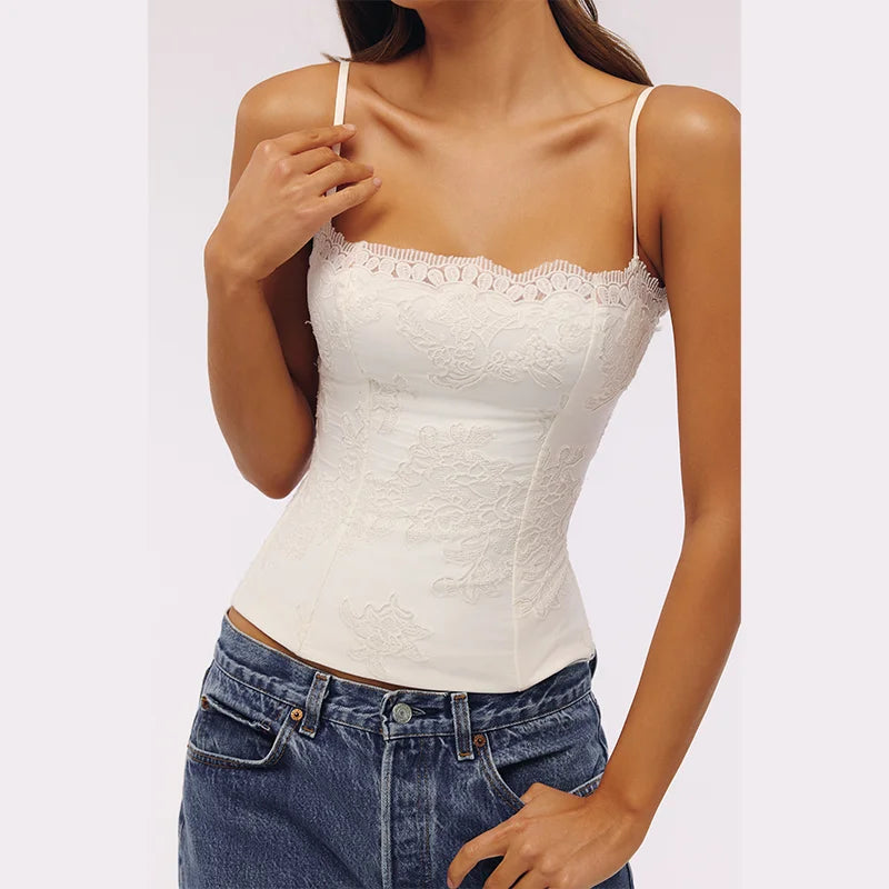 Solid Lace Embroidered Top Women Trendy Hollow Out Lace Adjustable Spaghetti Strap Tops NEW Summer Evening Date Lady Tank Tops