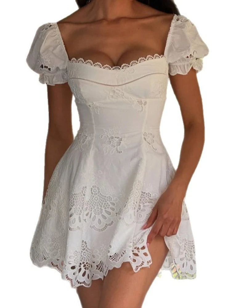 Lace Hollow Mini White Dress Chic Women's Bubble Sleeve Square Neck A-line Pleated Dress 2026 Women's Holiday Beach Robe