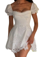 Lace Hollow Mini White Dress Chic Women's Bubble Sleeve Square Neck A-line Pleated Dress 2026 Women's Holiday Beach Robe