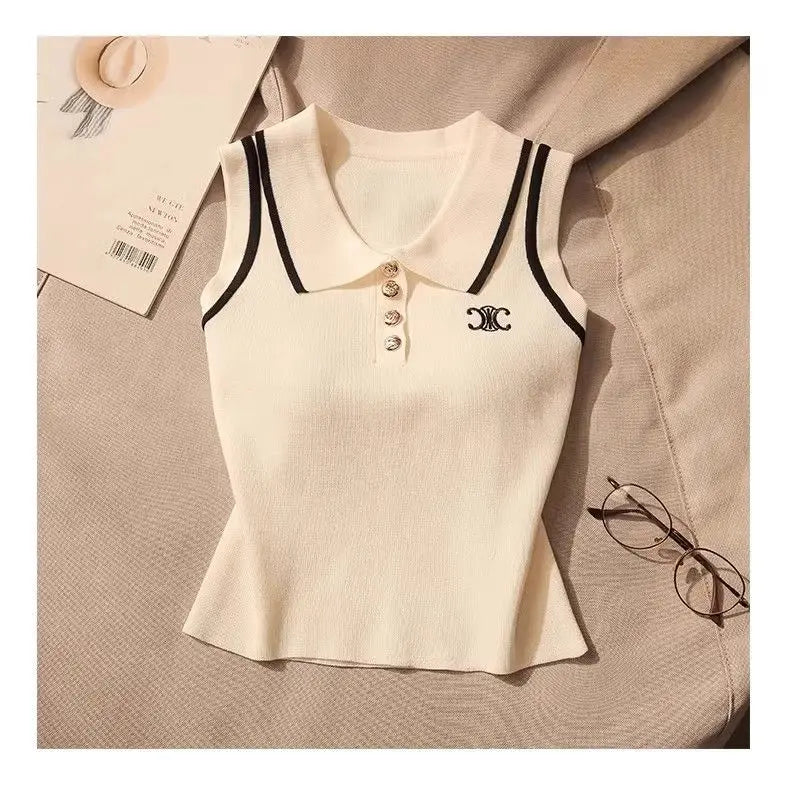 Women Summer Simplicity Office Lady Solid Color Polo Collar Knitting Tank Top Ladies Fashion All-match Trend Sleeveless Tops