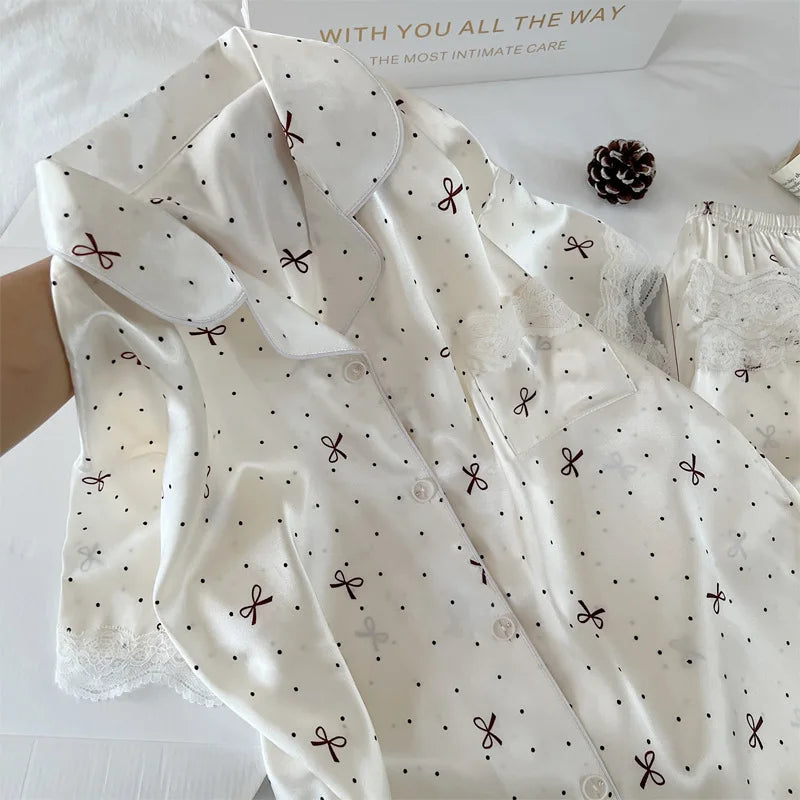 New Korean-Style Elegant Young Ladies' Pyjamas Summer New Arrival Short-Sleeved Polka Dot Bow Ice Silk Pyjama Set Homewear Set