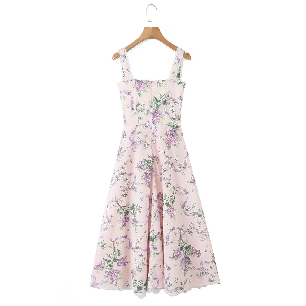 2025 Romantic Pink Floral Print Bow Ruched Bra Chest Sling Dress Women Low Waist Fold Swing Lace Lining Midi Long Dresses Robe