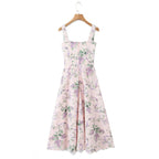 2025 Romantic Pink Floral Print Bow Ruched Bra Chest Sling Dress Women Low Waist Fold Swing Lace Lining Midi Long Dresses Robe