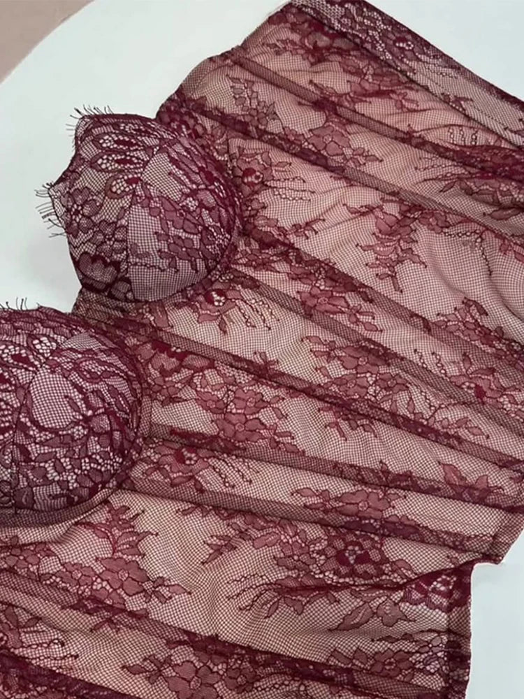 Women's Corset Tops Lace Hollow Out Fishbone Bandage Top Spring Female Waist Cinching Sheath Tube Top Transparent Lady Clubwear