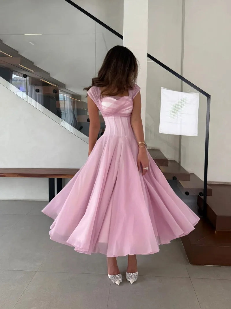 Women's Elegant Tulle Formal Dress Summer Sexy Square Neck Corset Waist A-Line Tea-Length Gown for Wedding Cocktail Party