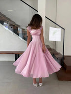 Women's Elegant Tulle Formal Dress Summer Sexy Square Neck Corset Waist A-Line Tea-Length Gown for Wedding Cocktail Party
