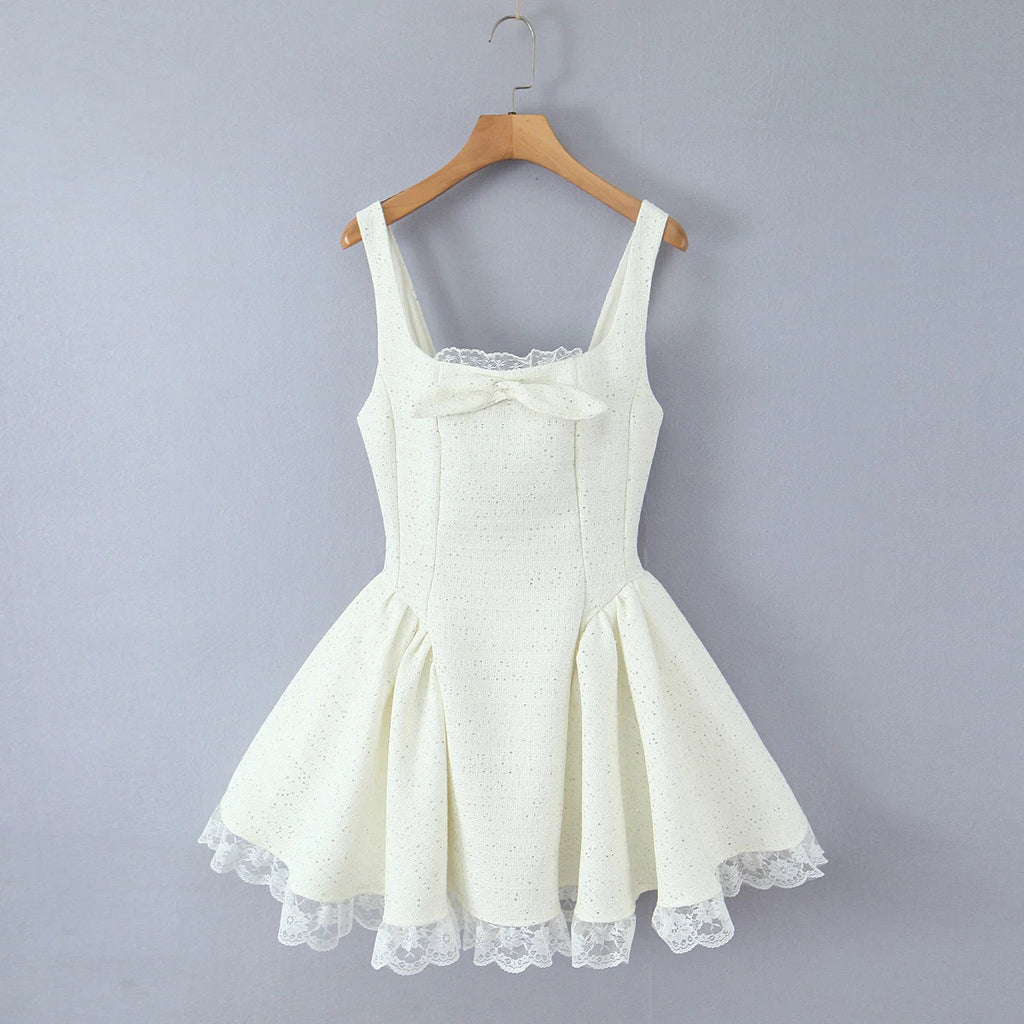 Sweet 3D Bow U collar Bright Sequins Tweed Tank Dress Women Back Zipper Low Waist Ruched Ball Gown Lace Hem Short Sling Vestidos