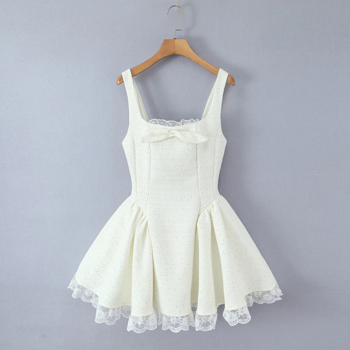 Sweet 3D Bow U collar Bright Sequins Tweed Tank Dress Women Back Zipper Low Waist Ruched Ball Gown Lace Hem Short Sling Vestidos