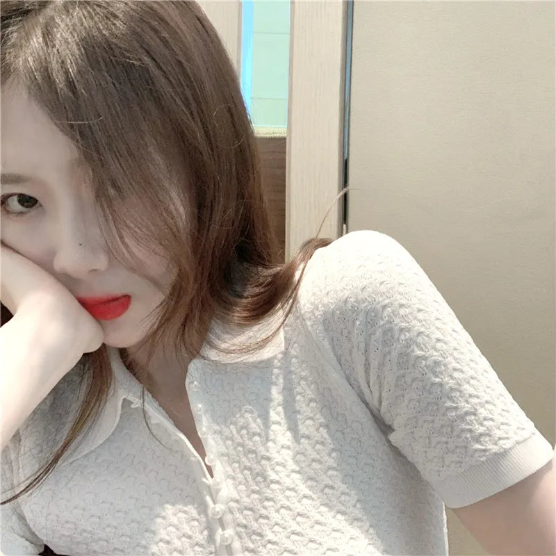 Slim Fit Ice Silk Knitted Short Sleeve  Shirt Women's Base Layer Top Korean Style Commute Fashion Summer T-Shirt