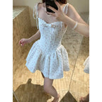 French Coquette Summer Floral Print Corset Mini Dress Women Slim Fit Lace Bow Spaghetti Strap Elegant Party Date Night Outfit