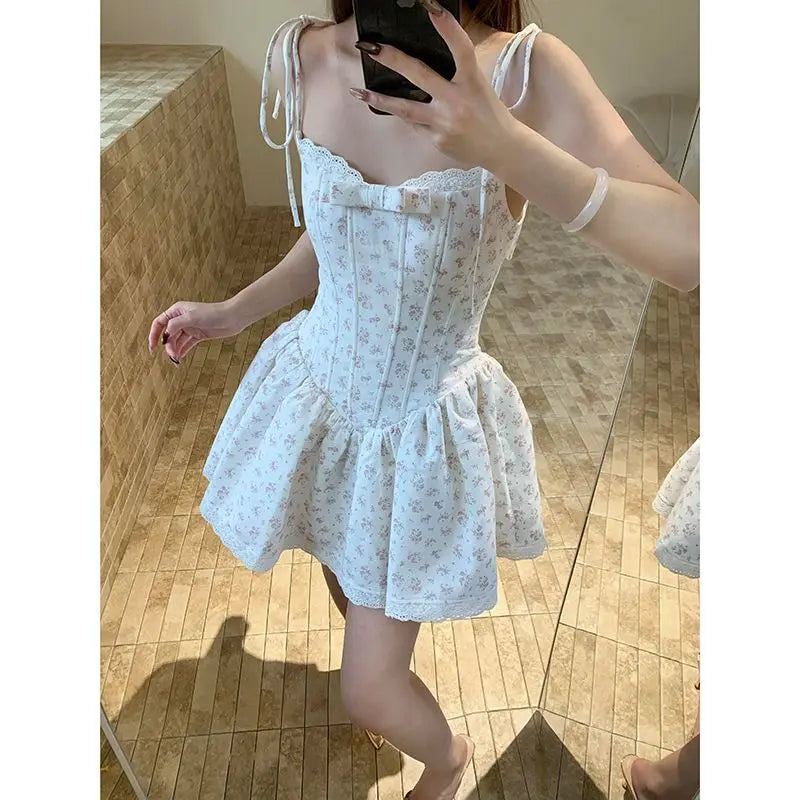 French Coquette Summer Floral Print Corset Mini Dress Women Slim Fit Lace Bow Spaghetti Strap Elegant Party Date Night Outfit