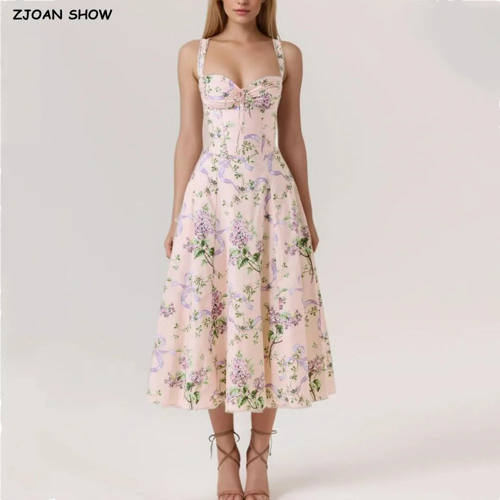 2025 Romantic Pink Floral Print Bow Ruched Bra Chest Sling Dress Women Low Waist Fold Swing Lace Lining Midi Long Dresses Robe