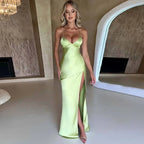 Giyu Sexy Satin Evening Night Club Party Dresses Women Summer Maxi Long Dress Backless Sleeveless Split Bodycon Gown Vestidos