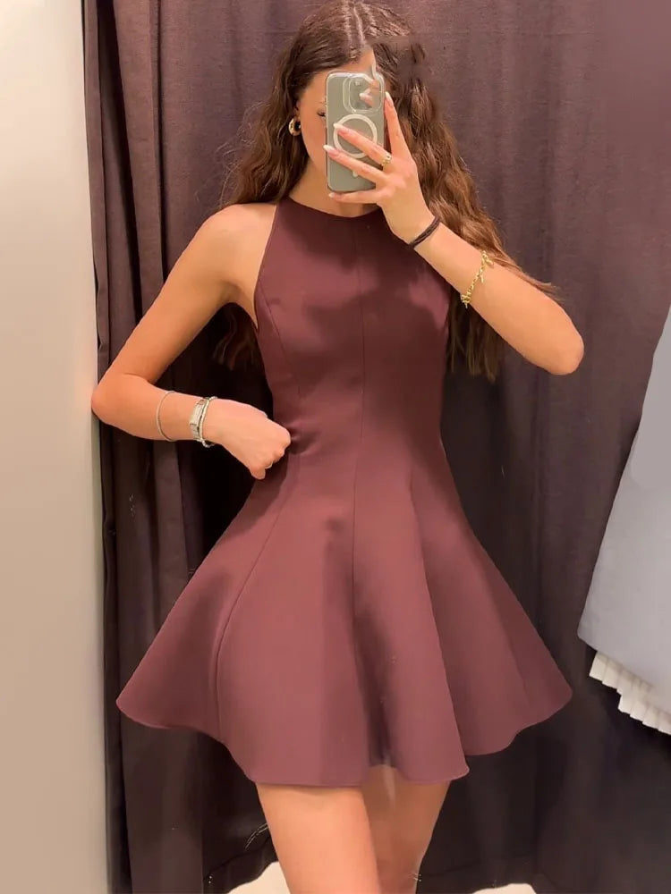 HH Women Summer Sexy Sleeveless Solid Casual Mini Dress Female Vintage Chic High Street Slim Rear Zipper Pleated Dress