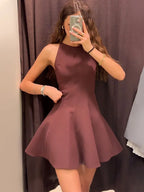 HH Women Summer Sexy Sleeveless Solid Casual Mini Dress Female Vintage Chic High Street Slim Rear Zipper Pleated Dress