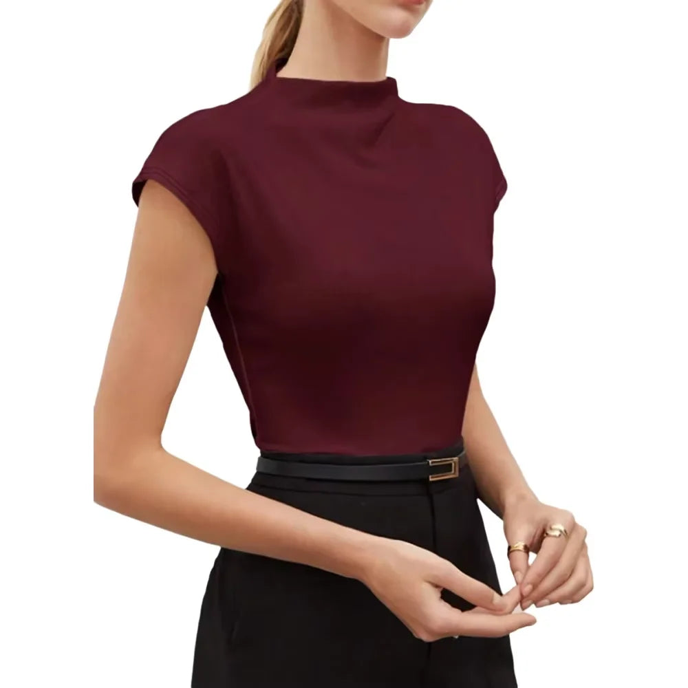 Hot Mock Neck Stretchy Slim Fit Burgundy Cap Sleeve Top, Blouse for Women Office & Daily