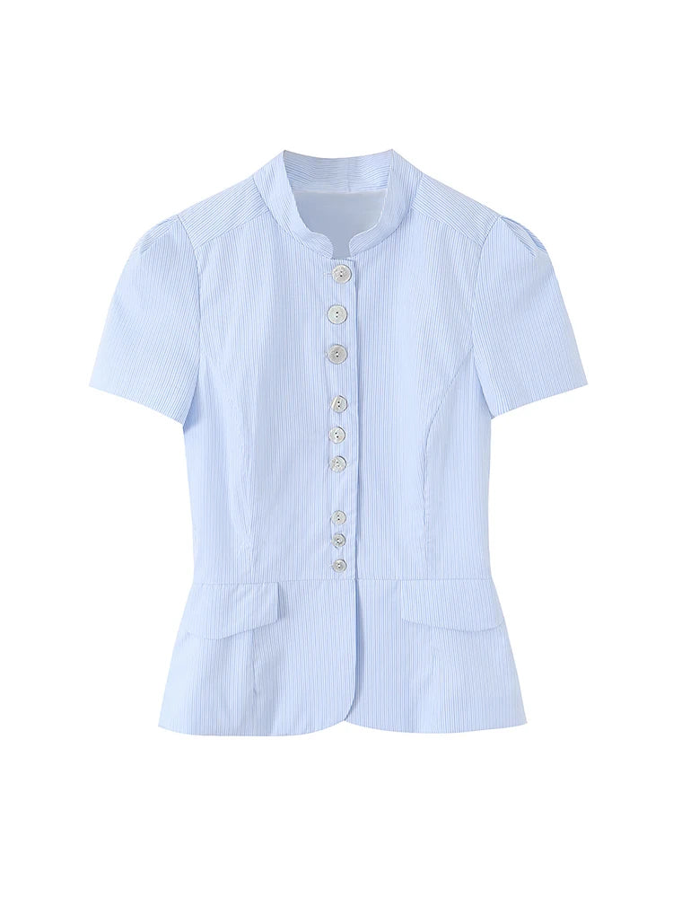 TFMLN Women's Striped Shirt Chic Short Sleeve High Street Commuting Style Slim Fit Fashion Ladies Short Sleeve Tops Summer New