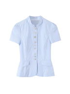 TFMLN Women's Striped Shirt Chic Short Sleeve High Street Commuting Style Slim Fit Fashion Ladies Short Sleeve Tops Summer New
