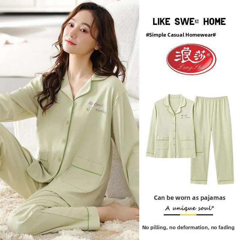Spring Autumn Loose Long Sleeve Sleepwear Thin Home Clothes Set for Women Cotton Comfortable Home Suit Large Size Options