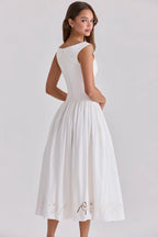 Chic Vintage White Boat Neck Dress Embroidered Cap Sleeve Cutwork Hem High Waist Flowy A-line Gown 2026 New Evening Party Outfit