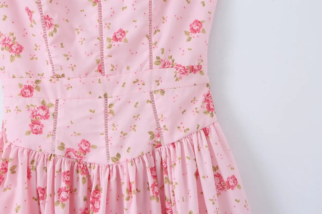 Summer New Gentle Sweet Floral Long Dress Vacation Style Wrap Waist Strapless Cotton Polyester Gown High Waist Maxi Dress