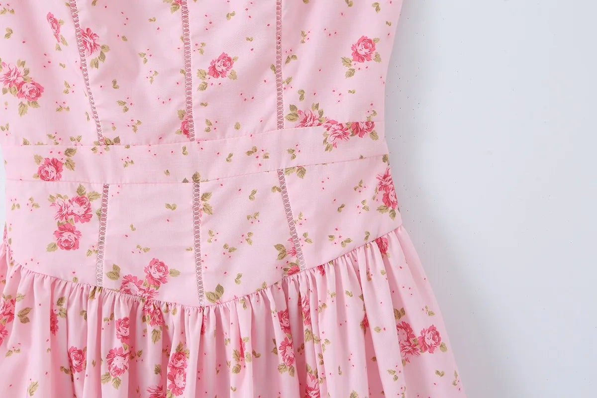 Summer New Gentle Sweet Floral Long Dress Vacation Style Wrap Waist Strapless Cotton Polyester Gown High Waist Maxi Dress